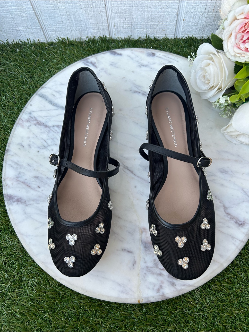 Stuart Weitzman Tammy Crystal Mary Jane Ballet Flat Black Crystal -Embellished 6